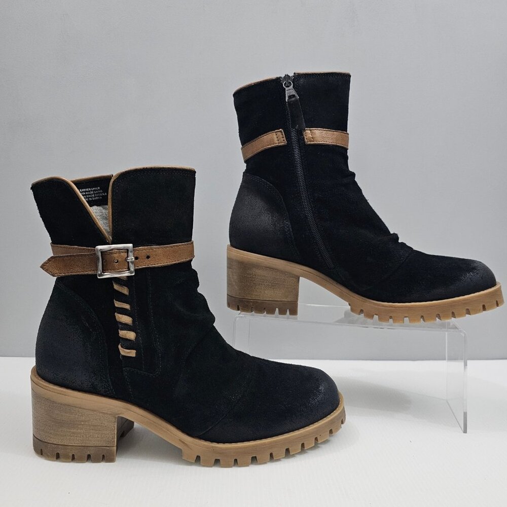 Miz Mooz Mandy Ankle Boot Womens EU 41 Black Suede Whipstitch Buckle Chunky Heel - Picture 3 of 16